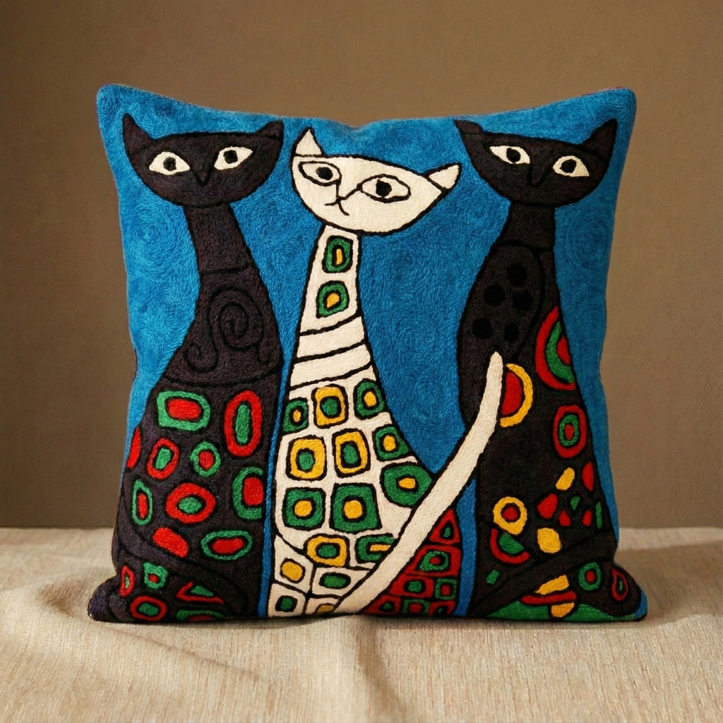 Cat Family - Hand Embroidered Modern Art Cushion Cover (Single)