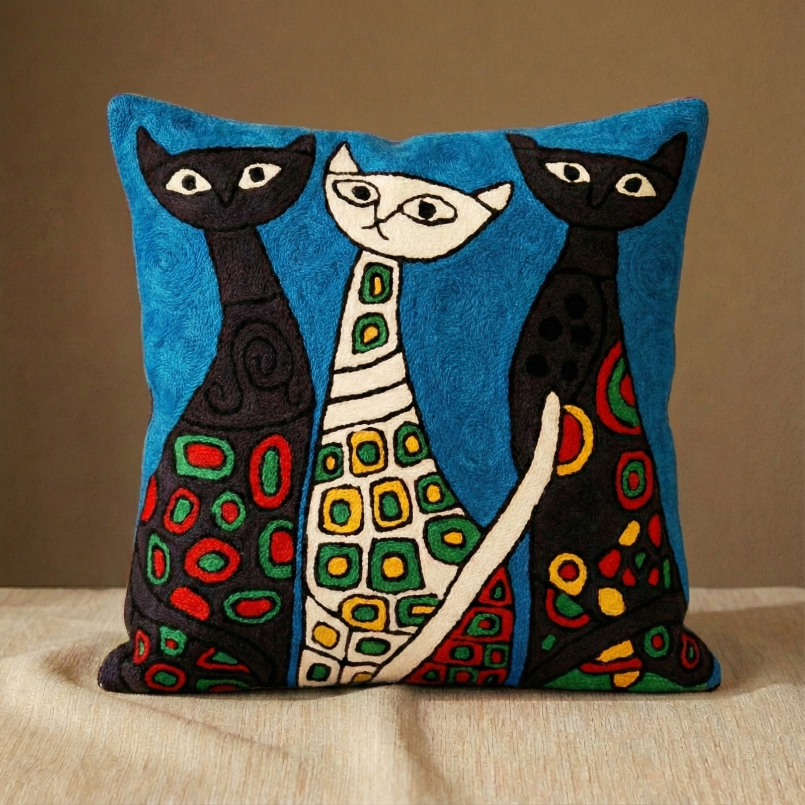 Cat Family - Hand Embroidered Modern Art Cushion Cover (Single)