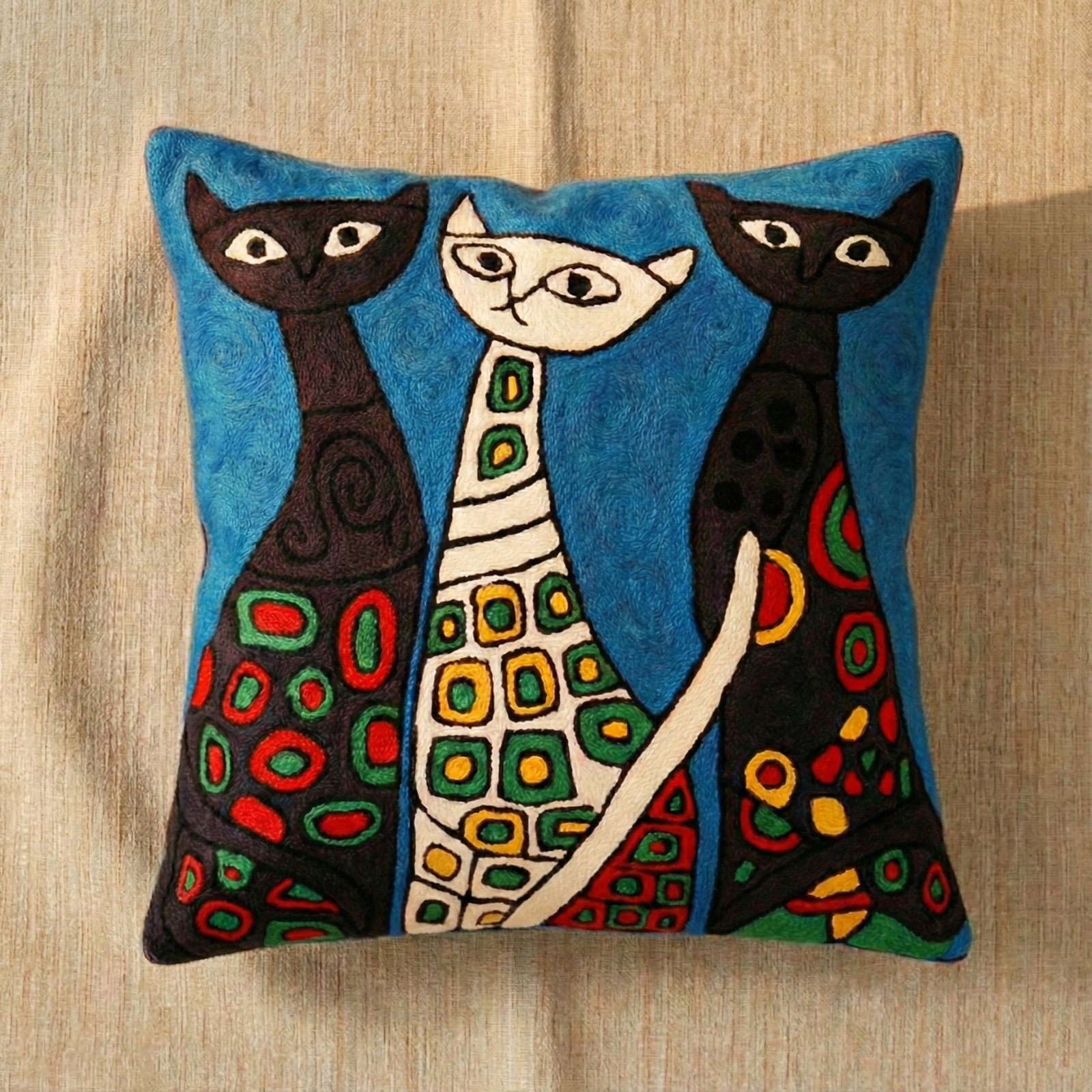 Cat Family - Hand Embroidered Modern Art Cushion Cover (Single)