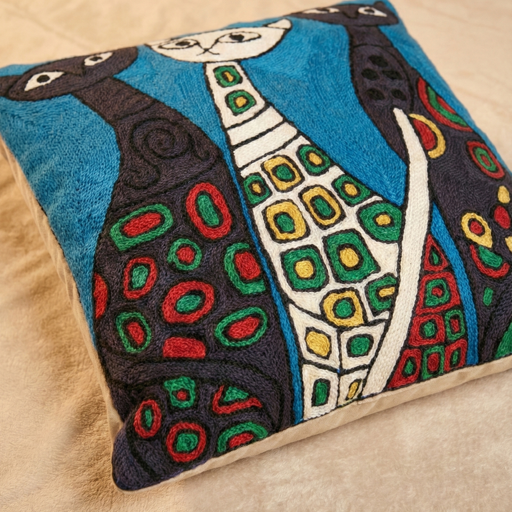 Cat Family - Hand Embroidered Modern Art Cushion Cover (Single)