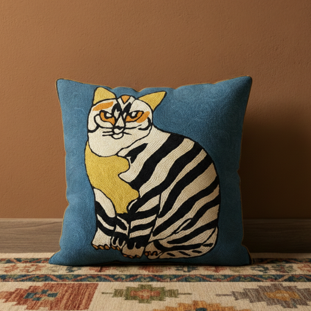 LTD Ed. Shera cat - Hand Embroidered Modern Art Cushion Cover (Single)