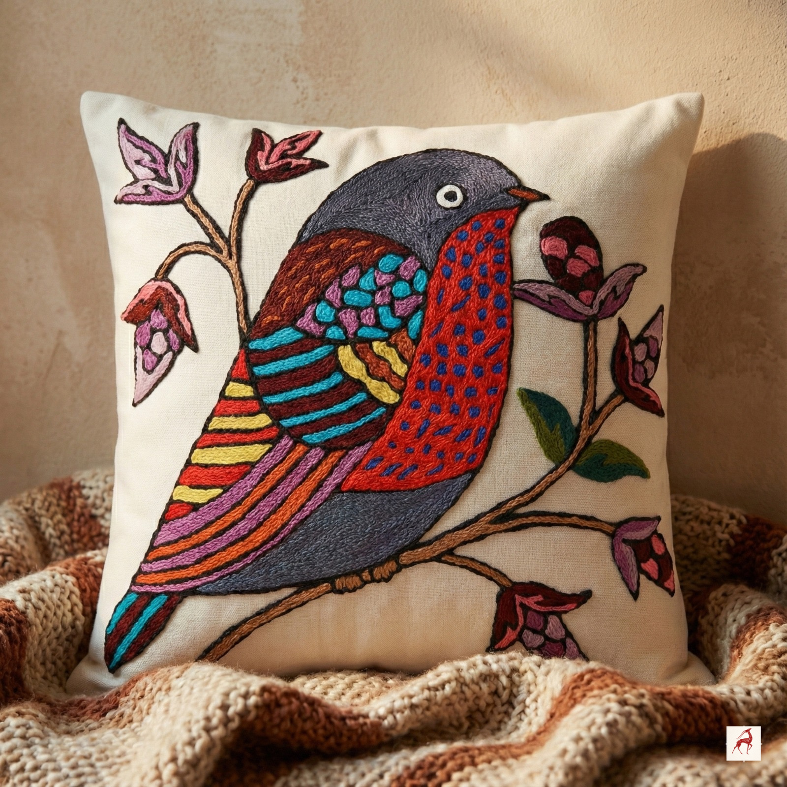 Canvas of Wings - Hand Embroidered Bird Motif Premium Cushion Cover (Single)