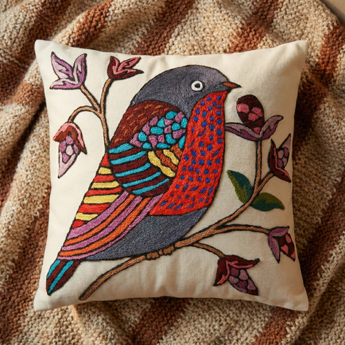 Canvas of Wings - Hand Embroidered Bird Motif Premium Cushion Cover (Single)