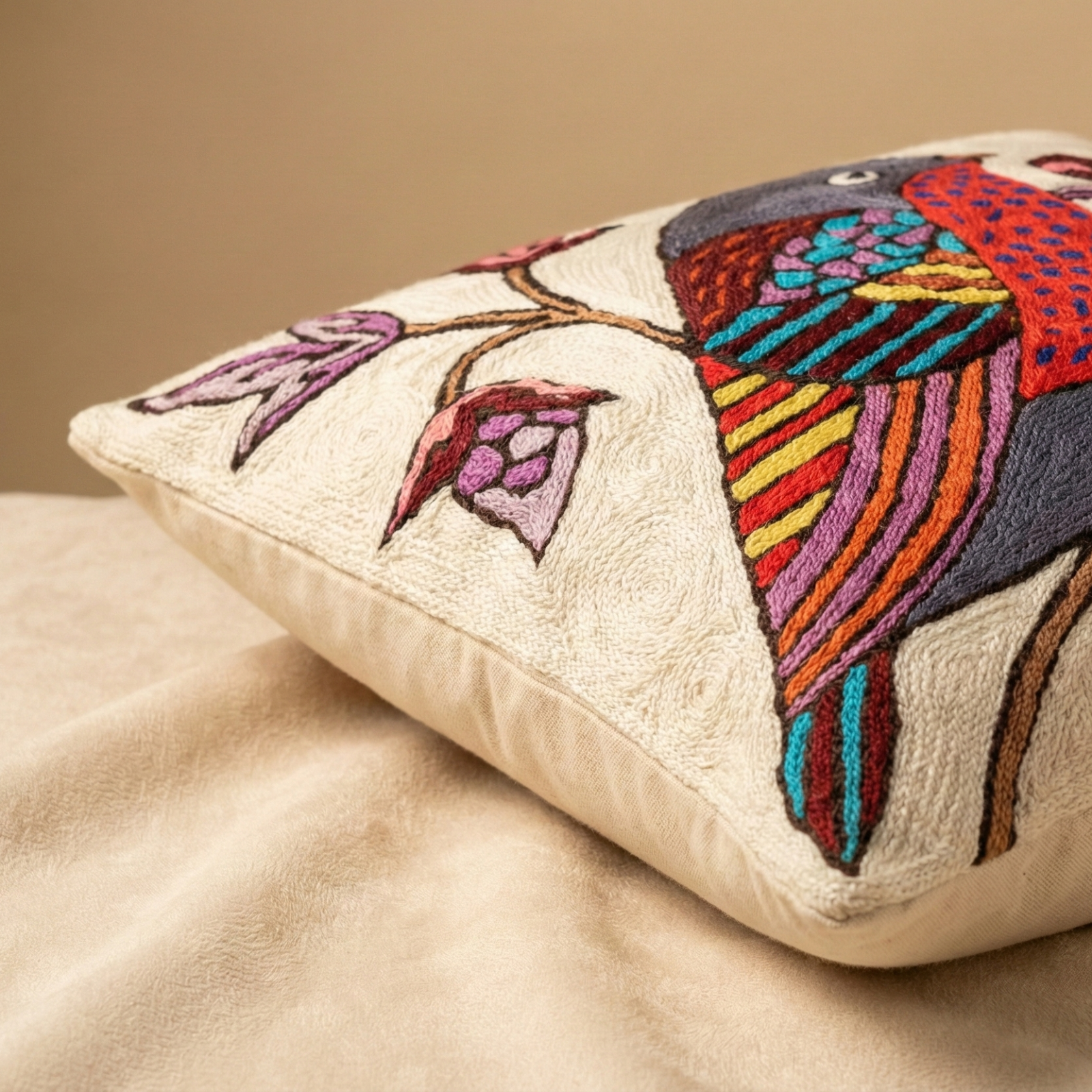 Canvas of Wings - Hand Embroidered Bird Motif Premium Cushion Cover (Single)