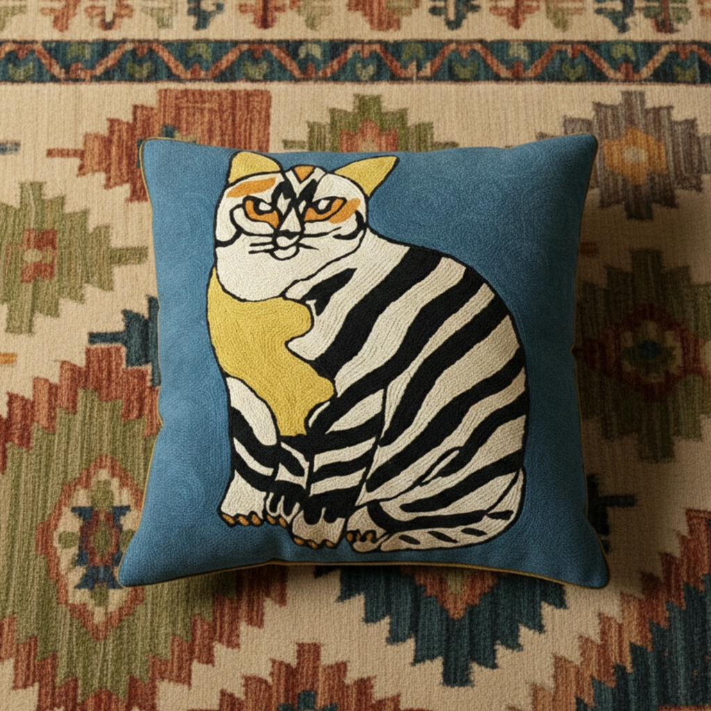 LTD Ed. Shera cat - Hand Embroidered Modern Art Cushion Cover (Single)