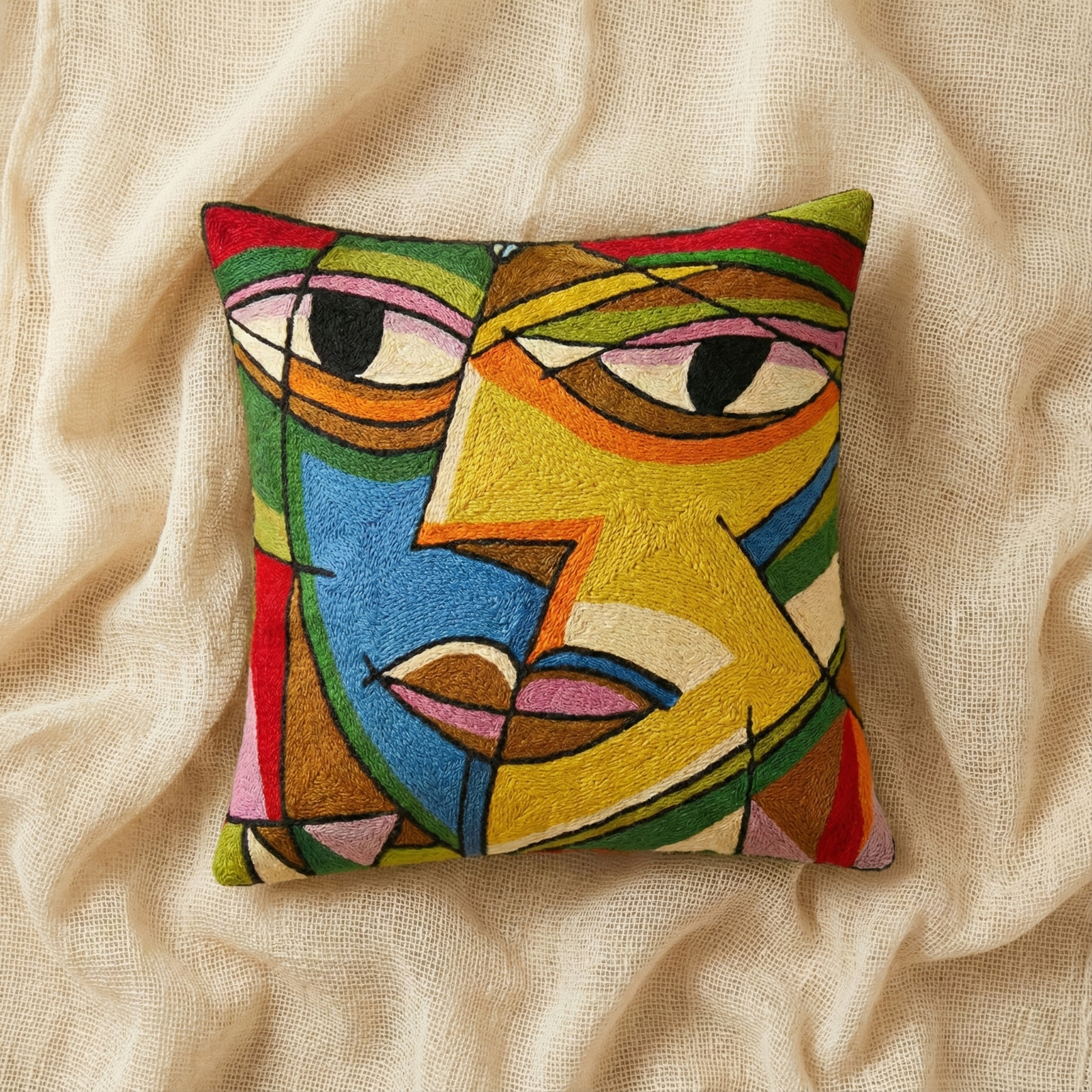 The Face- hand embroidered modern art cushion cover (single)