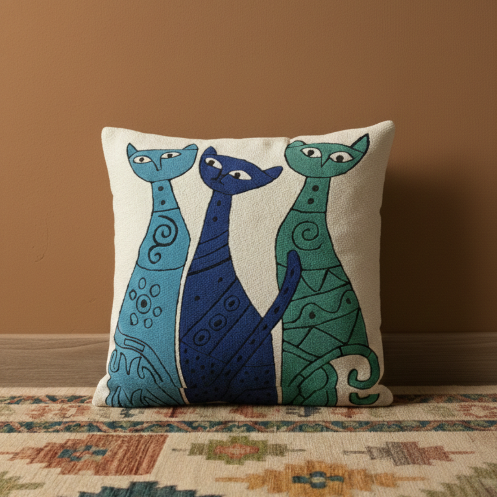 Cat Family - Hand Embroidered Modern Art Cushion Cover (Single)