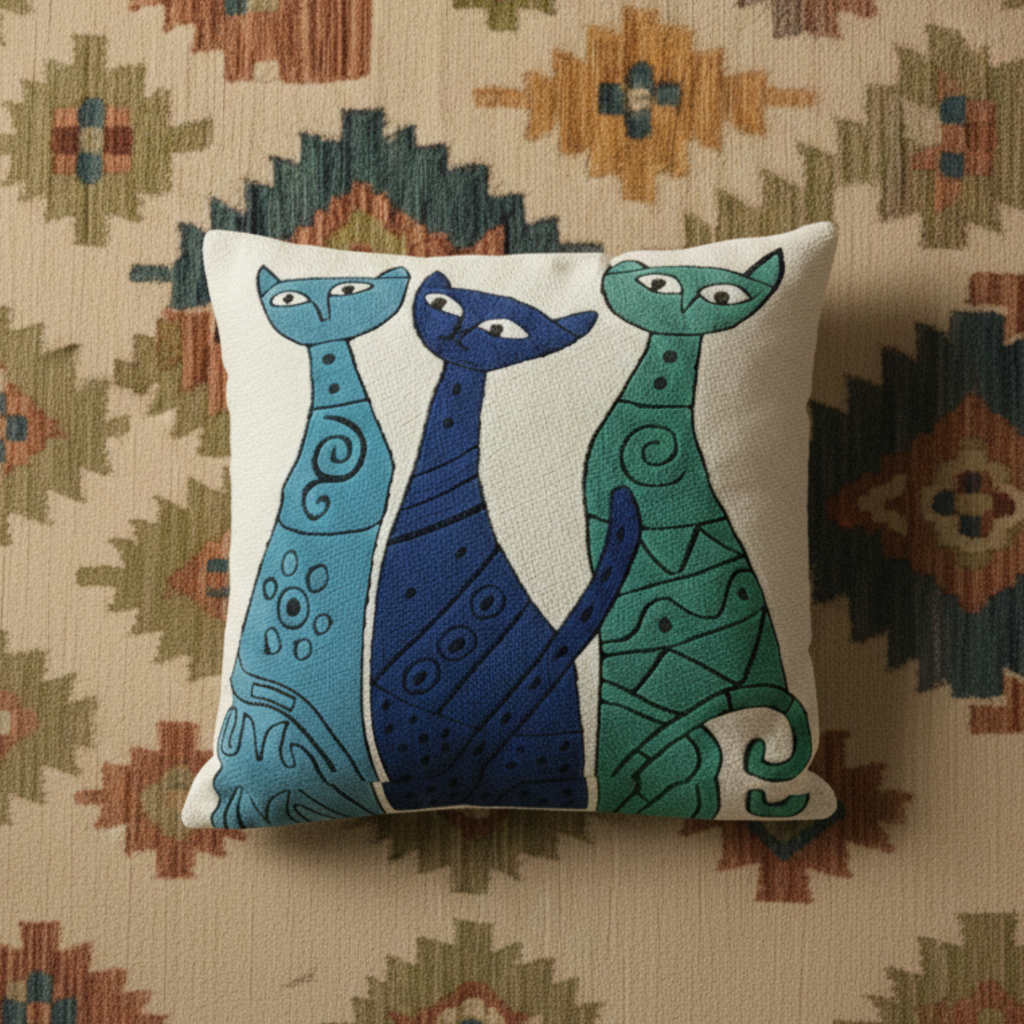 Cat Family - Hand Embroidered Modern Art Cushion Cover (Single)
